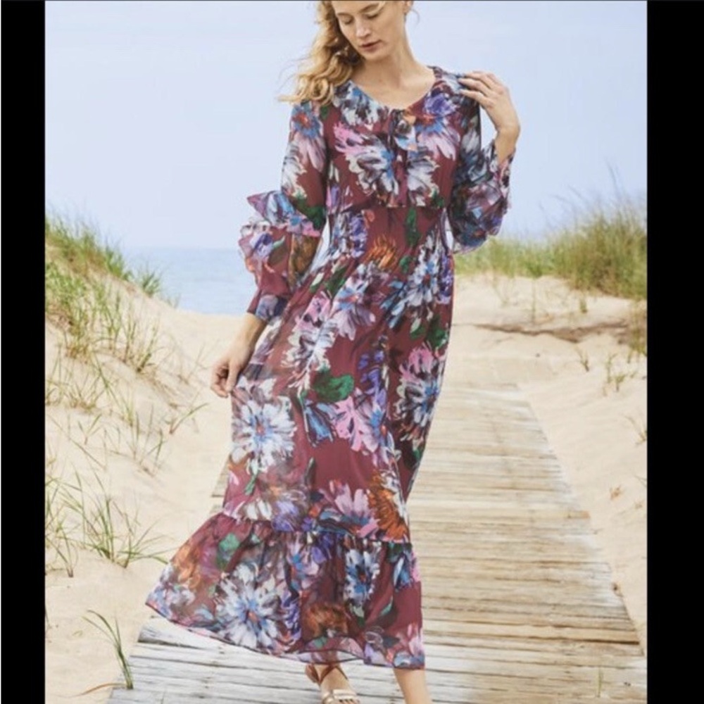Soft Surroundings Fiore Rosa purple floral chiffon ruffle maxi dress